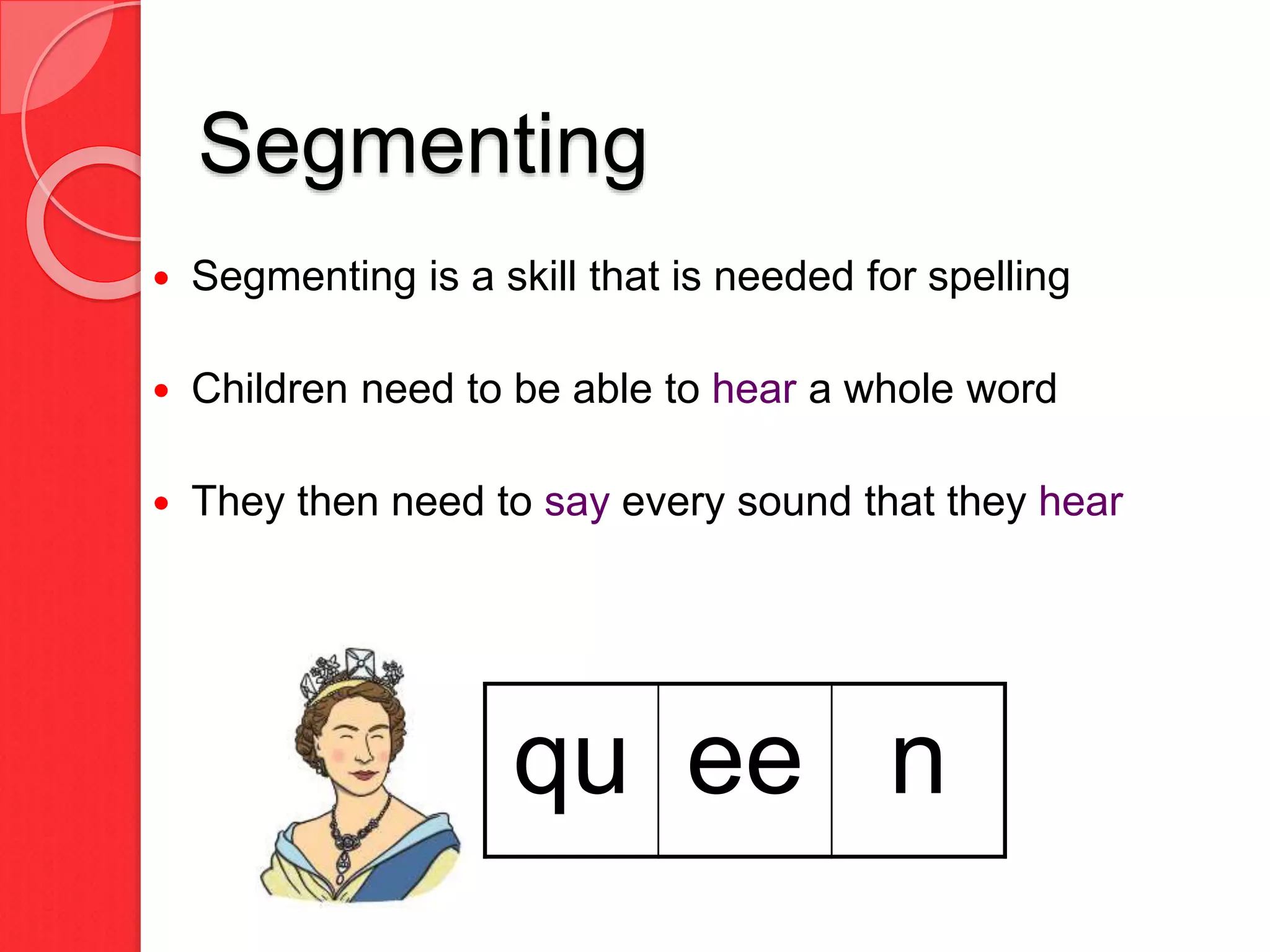 Segmenting
 Segmenting is a skill that is needed for spelling
 Children need to be able to hear a whole word
 They then need to say every sound that they hear
qu ee n
 