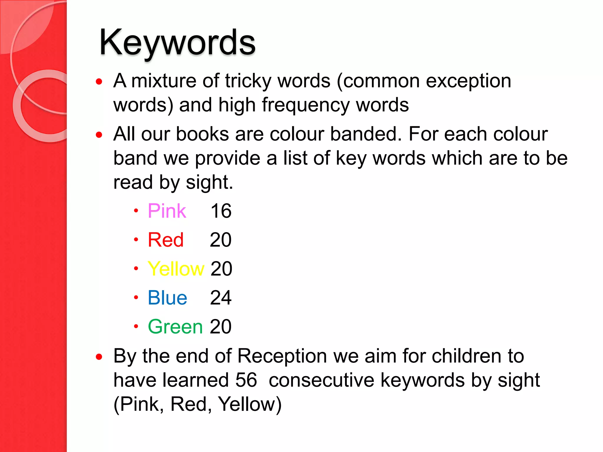 Keywords
 A mixture of tricky words (common exception
words) and high frequency words
 All our books are colour banded. For each colour
band we provide a list of key words which are to be
read by sight.
 Pink 16
 Red 20
 Yellow 20
 Blue 24
 Green 20
 By the end of Reception we aim for children to
have learned 56 consecutive keywords by sight
(Pink, Red, Yellow)
 