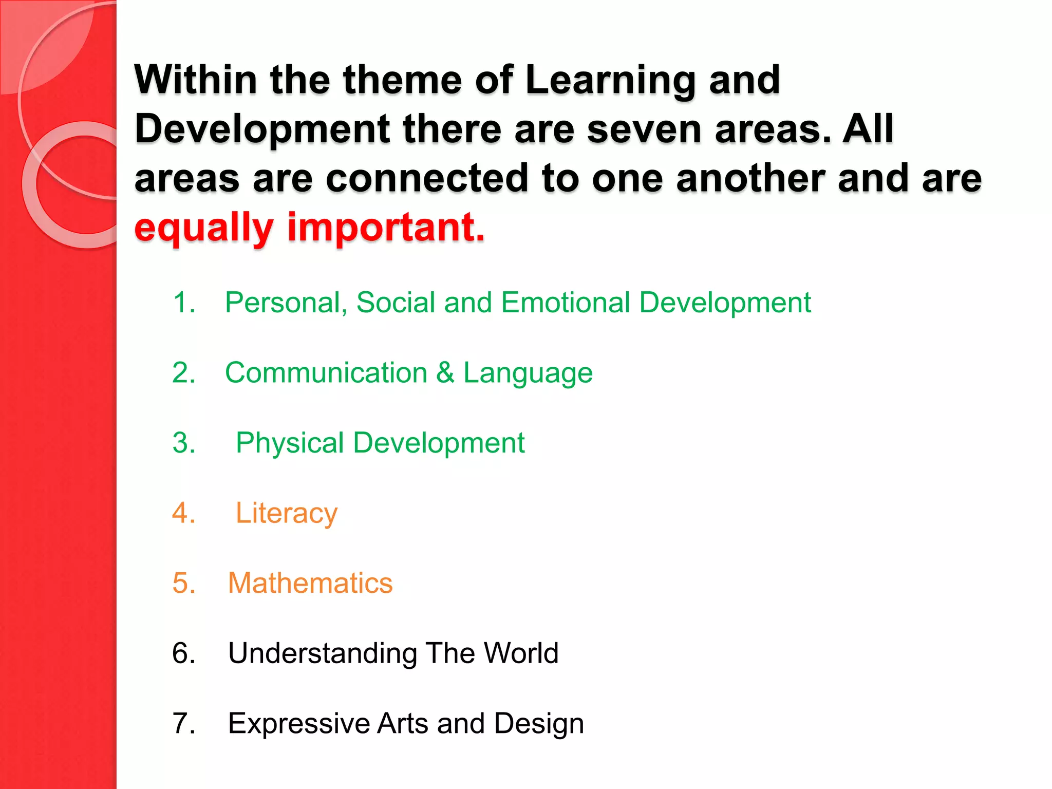 Within the theme of Learning and
Development there are seven areas. All
areas are connected to one another and are
equally important.
1. Personal, Social and Emotional Development
2. Communication & Language
3. Physical Development
4. Literacy
5. Mathematics
6. Understanding The World
7. Expressive Arts and Design
 