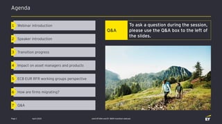 Impact on asset managers and products4
Transition progress3
ECB EUR RFR working groups perspective5
How are firms migrating?6
Q&A7
Speaker introduction2
Webinar introduction1
Agenda
Joint EFAMA and EY IBOR transition webcast
To ask a question during the session,
please use the Q&A box to the left of
the slides.
Q&A
Page 1 April 2020
 