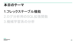 20
本日のテーマ
1.フレックステーブル機能
2.ログ分析用のSQL拡張関数
3.機械学習系の分析
20
 