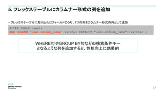 37
5. フレックステーブルにカラムナー形式の列を追加
– フレックステーブルに取り込んだフィールドのうち、1つの列をカラムナー形式の列として追加
WHERE句やGROUP BY句などの検索条件キー
となるような列を追加すると、性能向上に効果的
ALTER TABLE tweets
ADD COLUMN "user.screen_name" varchar DEFAULT "user.screen_name"::varchar ;
 
