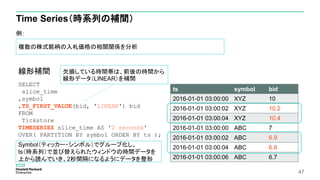47
例：
Time Series（時系列の補間）
SELECT
slice_time
,symbol
,TS_FIRST_VALUE(bid, 'LINEAR') bid
FROM
Tickstore
TIMESERIES slice_time AS '2 seconds'
OVER( PARTITION BY symbol ORDER BY ts );
ts symbol bid
2016-01-01 03:00:00 XYZ 10
2016-01-01 03:00:02 XYZ 10.2
2016-01-01 03:00:04 XYZ 10.4
2016-01-01 03:00:00 ABC 7
2016-01-01 03:00:02 ABC 6.9
2016-01-01 03:00:04 ABC 6.8
2016-01-01 03:00:06 ABC 6.7
線形補間
複数の株式銘柄の入札価格の相関関係を分析
Symbol（ティッカー・シンボル）でグループ化し、
ts（時系列）で並び替えられたウィンドウの時間データを
上から読んでいき、2秒間隔になるようにデータを整形
欠損している時間帯は、前後の時間から
線形データ（LINEAR）を補間
 