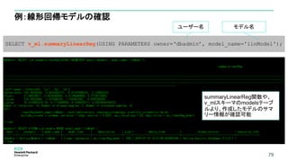 79
例：線形回帰モデルの確認
79
SELECT v_ml.summaryLinearReg(USING PARAMETERS owner=‘dbadmin’, model_name='linModel');
ユーザー名 モデル名
summaryLinearReg関数や、
v_mlスキーマのmodelsテーブ
ルより、作成したモデルのサマ
リー情報が確認可能
 