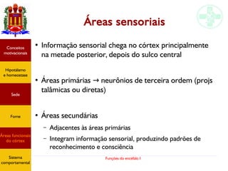 Funções do encéfalo I
Áreas sensoriais
●
Informação sensorial chega no córtex principalmente
na metade posterior, depois do sulco central
●
Áreas primárias neurônios de terceira ordem (projs→
talâmicas ou diretas)
●
Áreas secundárias
– Adjacentes às áreas primárias
– Integram informação sensorial, produzindo padrões de
reconhecimento e consciência
Hipotálamo
e homeostase
Conceitos
motivacionais
Áreas funcionais
do córtex
Sede
Fome
Sistema
comportamental
 