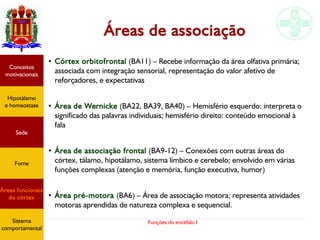 Funções do encéfalo I
Áreas de associação
●
Córtex orbitofrontal (BA11) – Recebe informação da área olfativa primária;
associada com integração sensorial, representação do valor afetivo de
reforçadores, e expectativas
●
Área de Wernicke (BA22, BA39, BA40) – Hemisfério esquerdo: interpreta o
significado das palavras individuais; hemisfério direito: conteúdo emocional à
fala
● Área de associação frontal (BA9-12) – Conexões com outras áreas do
córtex, tálamo, hipotálamo, sistema límbico e cerebelo; envolvido em várias
funções complexas (atenção e memória, função executiva, humor)
●
Área pré-motora (BA6) – Área de associação motora; representa atividades
motoras aprendidas de natureza complexa e sequencial.
Hipotálamo
e homeostase
Conceitos
motivacionais
Áreas funcionais
do córtex
Sede
Fome
Sistema
comportamental
 