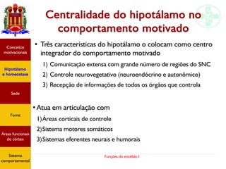 Funções do encéfalo I
Centralidade do hipotálamo no
comportamento motivado
● Três características do hipotálamo o colocam como centro
integrador do comportamento motivado
1) Comunicação extensa com grande número de regiões do SNC
2) Controle neurovegetativo (neuroendócrino e autonômico)
3) Recepção de informações de todos os órgãos que controla
● Atua em articulação com
1)Áreas corticais de controle
2)Sistema motores somáticos
3)Sistemas eferentes neurais e humorais
Hipotálamo
e homeostase
Conceitos
motivacionais
Áreas funcionais
do córtex
Sede
Fome
Sensação e
percepção
Controle
motor
Sistema
comportamental
Hipotálamo
e homeostase
Conceitos
motivacionais
Áreas funcionais
do córtex
Sede
Fome
Sistema
comportamental
 