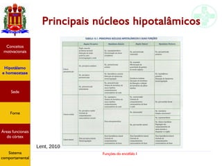 Funções do encéfalo I
Principais núcleos hipotalâmicos
Hipotálamo
e homeostase
Conceitos
motivacionais
Áreas funcionais
do córtex
Sede
Fome
Sensação e
percepção
Controle
motor
Sistema
comportamental
Hipotálamo
e homeostase
Conceitos
motivacionais
Áreas funcionais
do córtex
Sede
Fome
Sensação e
percepção
Controle
motor
Sistema
comportamental
Lent, 2010
Hipotálamo
e homeostase
Conceitos
motivacionais
Áreas funcionais
do córtex
Sede
Fome
Sistema
comportamental
 