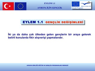 AVRUPA BİRLİĞİ EĞİTİM VE GENÇLİK PROGRAMLARI MERKEZİ İki ya da daha çok ülkeden gelen gençlerin bir araya gelerek belirli konularda fikir alışverişi yapmalarıdır.  EYLEM 1.1   GENÇLİK DEĞİŞİMLERİ EYLEM 1.1 AVRUPA İÇİN GENÇLİK E ğ i t i m  v e  K ü l t ü r 