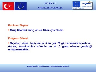 AVRUPA BİRLİĞİ EĞİTİM VE GENÇLİK PROGRAMLARI MERKEZİ Katılımcı Sayısı Grup liderleri hariç, en az 16 en çok 60’dır.  Program Süresi Seyahat süresi hariç en az 6 en çok 21 gün arasında olmalıdır.  Ancak, konaklanılan sürenin en az 6 gece olması gerektiği unutulmamalıdır. EYLEM 1.1 AVRUPA İÇİN GENÇLİK E ğ i t i m  v e  K ü l t ü r 