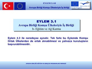 EYLEM 3.1-B Avrupa Birliği Komşu Ülkeleriyle İş  B irliği   AVRUPA BİRLİĞİ EĞİTİM VE GENÇLİK PROGRAMLARI MERKEZİ Eylem 4.3 ile neredeyse aynıdır. Tek farkı bu Eylemde Komşu Ortak Ülkelerden de ortak alınabilmesi ve yalnızca kuruluşların başvurabilmesidir.  EYLEM 3.1   Avrupa Birliği Komşu Ülkeleriyle İş Birliği   b- Eğitim ve Ağ Kurma 
