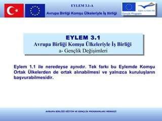 EYLEM 3.1-A Avrupa Birliği Komşu Ülkeleriyle İş  B irliği   AVRUPA BİRLİĞİ EĞİTİM VE GENÇLİK PROGRAMLARI MERKEZİ EYLEM 3.1   Avrupa Birliği Komşu Ülkeleriyle İş Birliği   a- Gençlik Değişimleri Eylem 1.1 ile neredeyse aynıdır. Tek farkı bu Eylemde Komşu Ortak Ülkelerden de ortak alınabilmesi ve yalnızca kuruluşların başvurabilmesidir.  