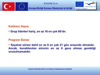 AVRUPA BİRLİĞİ EĞİTİM VE GENÇLİK PROGRAMLARI MERKEZİ Katılımcı Sayısı Grup liderleri hariç, en az 16 en çok 60’dır.  Program Süresi Seyahat süresi dahil en az 6 en çok 21 gün arasında olmalıdır.  Ancak, konaklanılan sürenin en az 6 gece olması gerektiği unutulmamalıdır. EYLEM 3.1-A Avrupa Birliği Komşu Ülkeleriyle İş  B irliği   