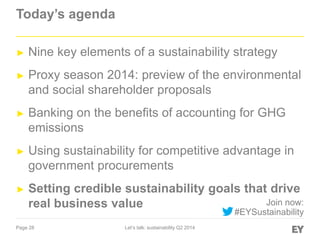 Page 28 Let’s talk: sustainability Q2 2014
Today’s agenda
Join now:
#EYSustainability
► Nine key elements of a sustainabil...