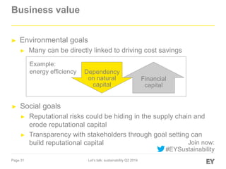 Page 31 Let’s talk: sustainability Q2 2014
Business value
► Environmental goals
► Many can be directly linked to driving c...