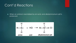 Cont’d Reactions 
 When an amine is neutralized by an acid, and alkylammonium salt is 
produced. 
 