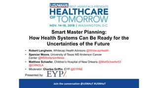 Smart Master Planning:
How Health Systems Can Be Ready for the
Uncertainties of the Future
• Robert Langheim, Whitecap Health Advisors @WhitecapHealth
• Spencer Moore, University of Texas MD Anderson Cancer
Center @MDAndersonNews
• Matthew Schaefer, Children’s Hospital of New Orleans @MattSchaefer53
@CHNOLA
• Moderator: Charles Griffin, EYP @EYPAE
Join the conversation @USNHoT #USNHoT
Presented by:
 
