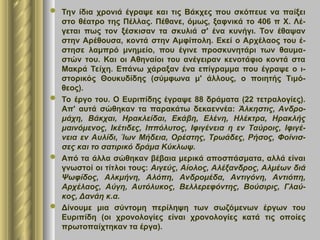  Την ίδια χρονιά έγραψε και τις Βάκχες που σκόπευε να παίξει
στο θέατρο της Πέλλας. Πέθανε, όμως, ξαφνικά το 406 π Χ. Λέ-
γεται πως τον ξέσκισαν τα σκυλιά σ' ένα κυνήγι. Τον έθαψαν
στην Αρέθουσα, κοντά στην Αμφίπολη. Εκεί ο Αρχέλαος του έ-
στησε λαμπρό μνημείο, που έγινε προσκυνητάρι των θαυμα-
στών του. Και οι Αθηναίοι του ανέγειραν κενοτάφιο κοντά στα
Μακρά Τείχη. Επάνω χάραξαν ένα επίγραμμα που έγραψε ο ι-
στορικός Θουκυδίδης (σύμφωνα μ' άλλους, ο ποιητής Τιμό-
θεος).
 Το έργο του. Ο Ευριπίδης έγραψε 88 δράματα (22 τετραλογίες).
Απ' αυτά σώθηκαν τα παρακάτω δεκαεννέα: Άλκηστις, Ανδρο-
μάχη, Βάκχαι, Ηρακλείδαι, Εκάβη, Ελένη, Ηλέκτρα, Ηρακλής
μαινόμενος, Ικέτιδες, Ιππόλυτος, Ιφιγένεια η εν Ταύροις, Ιφιγέ-
νεια εν Αυλίδι, Ίων Μήδεια, Ορέστης, Τρωάδες, Ρήσος, Φοίνισ-
σες και το σατιρικό δράμα Κύκλωψ.
 Από τα άλλα σώθηκαν βέβαια μερικά αποσπάσματα, αλλά είναι
γνωστοί οι τίτλοι τους: Αιγεύς, Αίολος, Αλέξανδρος, Αλμέων διά
Ψωφίδος, Αλκμήνη, Αλόπη, Ανδρομέδα, Αντιγόνη, Αντιόπη,
Αρχέλαος, Αύγη, Αυτόλυκος, Βελλερεφόντης, Βούσιρις, Γλαύ-
κος, Δανάη κ.α.
 Δίνουμε μια σύντομη περίληψη των σωζόμενων έργων του
Ευριπίδη (οι χρονολογίες είναι χρονολογίες κατά τις οποίες
πρωτοπαίχτηκαν τα έργα).
 