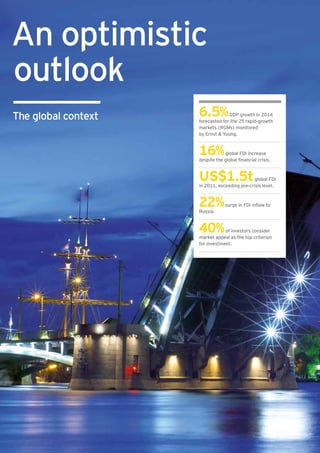 An optimistic
outlook
The global context                                                             6.5%          GDP growth in 2014
                                                                               forecasted for the 25 rapid-growth
                                                                               markets (RGMs) monitored
                                                                               by Ernst & Young.



                                                                               16%         global FDI increase
                                                                               despite the global financial crisis.



                                                                               US$1.5t                   global FDI
                                                                               in 2011, exceeding pre-crisis level.



                                                                               22%
                                                                               Russia.
                                                                                            surge in FDI inflow to




                                                                               40%         of investors consider
                                                                               market appeal as the top criterion
                                                                               for investment.




8   Ernst & Young's 2012 Russian attractiveness survey Positioned for growth
 