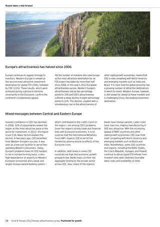 Russia takes a step forward




Europe’s attractiveness has halved since 2006

Europe continues to appeal strongly to           Yet the number of investors who rank Europe     other rapid-growth economies, means that
investors. Western Europe is ranked as           as the most attractive destination for an       CEE is now competing with North America
the second-most attractive investment            FDI project has fallen by more than half        and emerging markets such as India and
destination for global FDI (33%), followed       since 2006. In this year’s 2012 European        Brazil. It is clear that the global economy has
by CEE (21%). These results, which were          attractiveness survey, Western Europe’s         a growing number of attractive destinations
achieved during a period of extreme              attractiveness slid by two percentage           in which to invest. Western Europe, however,
uncertainty in the Eurozone, confirm the         points to 33% and CEE’s attractiveness          is still ranked far ahead of these markets and
continent's fundamental appeal.                  suffered a steep decline of eight percentage    is challenging China, the leading investment
                                                 points to 21%. This decline, coupled with a     destination.
                                                 simultaneous rise in the attractiveness of



Mixed messages between Central and Eastern Europe

Investor confidence in CEE has declined.         which contributed to the credit crunch in       banks have foreign parents. Labor costs
In 2006, 52% of respondents ranked the           the region — are among CEE’s problems.          have risen too, making manufacturing in
region as the most attractive place in the       Given the region’s strong trade and financial   CEE less attractive. With the increasing
world for investment. In 2012, this figure       links with Eurozone economies, it is no         appeal of BRIC countries and other
is just 21%. Many factors explain this           surprise that the International Monetary        rapid-growth economies, CEE now finds
decline. A few years ago, CEE benefited          Fund (IMF) expects CEE to be hit the            itself competing with North America and
from Western Europe’s success. It was            hardest by adverse knock-on effects of the      emerging markets such as Brazil and
seen as a low-cost location to serve free-       Eurozone crisis.                                India. Nonetheless, some CEE countries
spending Western consumers. Today,                                                               and regions, including the Baltic States,
Europe’s problems have hit CEE hardest.          In addition, debt levels in some CEE            the Czech Republic, Hungary and Poland,
A rise in non-performing loans, a very           countries are high and economic growth          continue to attract good FDI inflows from
high dependence on exports to Western            prospects low. Banks have cut their net         investors who seek relatively favorable
European economies and a weak and                aggregate lending to the private sector         labor costs and availability of skills.
largely foreign-owned banking system —           across CEE. Also, many of the region's




14   Ernst & Young's 2012 Russian attractiveness survey Positioned for growth
 