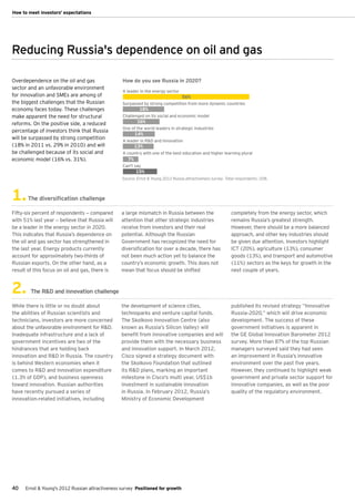 How to meet investors' expectations




Reducing Russia's dependence on oil and gas

Overdependence on the oil and gas                 How do you see Russia in 2020?
sector and an unfavorable environment
                                                  A leader in the energy sector
for innovation and SMEs are among of                                              56%
the biggest challenges that the Russian           Surpassed by strong competition from more dynamic countries
economy faces today. These challenges                      18%
make apparent the need for structural             Challenged on its social and economic model
reforms. On the positive side, a reduced                  16%
                                                  One of the world leaders in strategic industries
percentage of investors think that Russia
                                                          14%
will be surpassed by strong competition           A leader in R&D and innovation
(18% in 2011 vs. 29% in 2010) and will                    13%
be challenged because of its social and           A country with one of the best education and higher learning plural
economic model (16% vs. 31%).                        7%
                                                  Can't say
                                                          15%
                                                  Source: Ernst & Young 2012 Russia attractiveness survey. Total respondents: 208.



1.     The diversification challenge

Fifty-six percent of respondents — compared       a large mismatch in Russia between the                     completely from the energy sector, which
with 51% last year — believe that Russia will     attention that other strategic industries                  remains Russia’s greatest strength.
be a leader in the energy sector in 2020.         receive from investors and their real                      However, there should be a more balanced
This indicates that Russia’s dependence on        potential. Although the Russian                            approach, and other key industries should
the oil and gas sector has strengthened in        Government has recognized the need for                     be given due attention. Investors highlight
the last year. Energy products currently          diversification for over a decade, there has               ICT (20%), agriculture (13%), consumer
account for approximately two-thirds of           not been much action yet to balance the                    goods (13%), and transport and automotive
Russian exports. On the other hand, as a          country’s economic growth. This does not                   (11%) sectors as the keys for growth in the
result of this focus on oil and gas, there is     mean that focus should be shifted                          next couple of years.



2.      The R&D and innovation challenge

While there is little or no doubt about           the development of science cities,                         published its revised strategy “Innovative
the abilities of Russian scientists and           technoparks and venture capital funds.                     Russia–2020,” which will drive economic
technicians, investors are more concerned         The Skolkovo Innovation Centre (also                       development. The success of these
about the unfavorable environment for R&D.        known as Russia’s Silicon Valley) will                     government initiatives is apparent in
Inadequate infrastructure and a lack of           benefit from innovative companies and will                 the GE Global Innovation Barometer 2012
government incentives are two of the              provide them with the necessary business                   survey. More than 87% of the top Russian
hindrances that are holding back                  and innovation support. In March 2012,                     managers surveyed said they had seen
innovation and R&D in Russia. The country         Cisco signed a strategy document with                      an improvement in Russia’s innovative
is behind Western economies when it               the Skolkovo Foundation that outlined                      environment over the past five years.
comes to R&D and innovation expenditure           its R&D plans, marking an important                        However, they continued to highlight weak
(1.3% of GDP), and business openness              milestone in Cisco's multi year, US$1b                     government and private sector support for
toward innovation. Russian authorities            investment in sustainable innovation                       innovative companies, as well as the poor
have recently pursued a series of                 in Russia. In February 2012, Russia’s                      quality of the regulatory environment.
innovation-related initiatives, including         Ministry of Economic Development




40    Ernst & Young's 2012 Russian attractiveness survey Positioned for growth
 