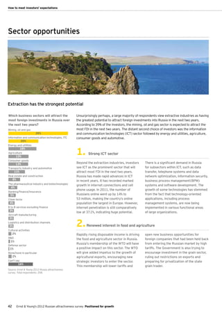 How to meet investors' expectations




Sector opportunities




Extraction has the strongest potential

Which business sectors will attract the               Unsurprisingly perhaps, a large majority of respondents view extractive industries as having
most foreign investments in Russia over               the greatest potential to attract foreign investments into Russia in the next two years.
the next two years?                                   According to 39% of the investors, the mining, oil and gas sector is expected to attract the
Mining, oil and gas                                   most FDI in the next two years. The distant second choice of investors was the information
                        39%                           and communication technologies (ICT) sector followed by energy and utilities, agriculture,
Information and communication technologies, ITC       consumer goods and automotive.
             20%
Energy and utilities


                                                      1.
            18%
Agriculture                                                   Strong ICT sector
       13%
Consumer goods
       13%                                            Beyond the extraction industries, investors    There is a significant demand in Russia
Transports industry and automotive                    see ICT as the prominent sector that will      for subsectors within ICT, such as data
      11%                                             attract most FDI in the next two years.        transfer, telephone systems and data
Real estate and construction                          Russia has made rapid advances in ICT          network optimization, information security,
     8%                                               in recent years. It has recorded marked        business process management(BPM)
The pharmaceutical industry and biotechnologies
                                                      growth in internet connections and cell        systems and software development. The
  6%
                                                      phone usage. In 2011, the number of            growth of some technologies has stemmed
Banking/ﬁnance/insurance
 5%                                                   Russians online went up by 14% to              from the fact that technology-oriented
Clean techs                                           53 million, making the country’s online        applications, including process
 4%                                                   population the largest in Europe. However,     management systems, are now being
B to B services excluding ﬁnance                      internet penetration is still comparatively    implemented in various functional areas
 3%
                                                      low at 37.1%, indicating huge potential.       of large organizations.
Aircraft manufacturing



                                                      2.
 3%
Logistics and distribution channels
3%                                                           Renewed interest in food and agriculture
Cultural activities
     2%                                               Rapidly rising disposable income is driving    open new business opportunities for
R&D                                                   the food and agriculture sector in Russia.     foreign companies that had been held back
  1%
Defense sector
                                                      Russia's membership of the WTO will have       from entering the Russian market by high
 1%                                                   a positive impact on this sector. The WTO      tariffs. The Government is also trying to
None/none in particular                               will give added impetus to the growth of       encourage investment in the grain sector,
     2%                                               agricultural exports, encouraging new          ruling out restrictions on exports and
Can't say                                             strategic investors to enter the sector.       preparing for privatization of the state
           16%
                                                      This membership will lower tariffs and         grain trader.
Source: Ernst & Young 2012 Russia attractiveness
survey. Total respondents: 208.




42        Ernst & Young's 2012 Russian attractiveness survey Positioned for growth
 