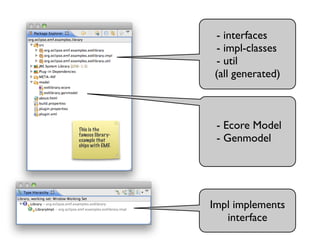 - interfaces
                  - impl-classes
                  - util
                  (all generated)



This is the        - Ecore Model
famous library-
example that       - Genmodel
ships with EMF.




                  Impl implements
                     interface
 