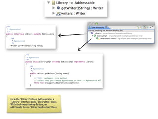 Form the “Library”-EClass, EMF generates a
“Library”-Interface and a “LibraryImpl”-Class.
With the GenerationGap-Pattern, we
additionally have a “LibraryImplCustom”-Class
 