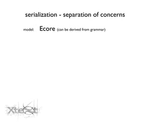 serialization - separation of concerns

model:   Ecore (can be derived from grammar)
 