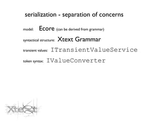 serialization - separation of concerns

model:     Ecore (can be derived from grammar)
syntactical structure:   Xtext Grammar
transient values:   ITransientValueService
token syntax:   IValueConverter
 