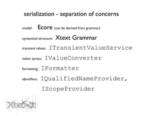 serialization - separation of concerns

model:     Ecore (can be derived from grammar)
syntactical structure:   Xtext Grammar
transient values:   ITransientValueService
token syntax:   IValueConverter
formatting:   IFormatter
identiﬁers:   IQualifiedNameProvider,
              IScopeProvider
 