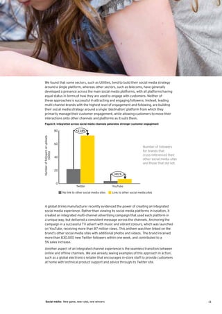 We found that some sectors, such as Utilities, tend to build their social media strategy
    around a single platform, whereas other sectors, such as telecoms, have generally
    developed a presence across the main social media platforms, with all platforms having
    equal status in terms of how they are used to engage with customers. Neither of
    these approaches is successful in attracting and engaging followers. Instead, leading
    multi-channel brands with the highest level of engagement and following, are building
    their social media strategy around a single ‘destination’ platform from which they
    primarily manage their customer engagement, while allowing customers to move their
    interactions onto other channels and platforms as it suits them.
    Figure 8: Integration across social media channels generates stronger customer engagement

                                  80             +214%
Number of followers or �uploads




                                  60
                                                                                                     Number of followers
                                                                                                     for brands that
           (000s)




                                                                                                     cross-referenced their
                                  40
                                                                                                     other social media sites
                                                                                                     and those that did not.

                                  20
                                                                              +81%


                                  0
                                                  Twitter                    YouTube

                                       No link to other social media sites   Link to other social media sites



    A global drinks manufacturer recently evidenced the power of creating an integrated
    social media experience. Rather than viewing its social media platforms in isolation, it
    created an integrated multi-channel advertising campaign that used each platform in
    a unique way, but delivered a consistent message across the channels. Anchoring the
    campaign in a successful TV advert with music and vibrant colours, which was launched
    on YouTube, receiving more than 87 million views. This anthem was then linked on the
    brand’s other social media sites with additional photos and videos. The brand received
    more than 830,000 new Twitter followers within one week, and contributed to a
    5% sales increase.
    Another aspect of an integrated channel experience is the seamless transition between
    online and offline channels. We are already seeing examples of this approach in action,
    such as a global electronics retailer that encourages in-store staff to provide customers
    at home with technical product support and advice through its Twitter site.




       Social media: New game, new rules, new winners                                                                           11
 