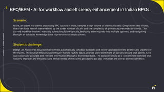 Page 7
Techathon
5.0
-
Problem
Statements
BPO/BPM - AI for workflow and efficiency enhancement in Indian BPOs
Scenario:
Nisha, an agent in a claims processing BPO located in India, handles a high volume of claim calls daily. Despite her best efforts,
she often finds herself overwhelmed by the sheer number of calls and the complexity of grievances presented by clients. The
current workflow involves manually scheduling follow-up calls, tediously entering data into multiple systems, and navigating
through an outdated knowledge base to provide solutions to clients.
Student’s challenge:
Design an AI powered solution that will help automatically schedule callbacks and follow-ups based on the priority and urgency of
the claims. The solution should autonomously handle routine tasks, analyze client sentiment on call and ensure that agents have
quick access to accurate and relevant information through a knowledge base. The solution should be a streamlined workflow that
not only improves the efficiency and effectiveness of the claims processing but also enhances the overall client experience.
 