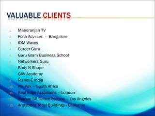 1.    Manoranjan TV
2.    Posh Advisors – Bangalore
3.    IDM Waves
4.    Career Guru
5.    Guru Gram Business School
6.    Networkers Guru
7.    Body N Shape
8.    GAV Academy
9.    Planet-E India
10.   Pik Pak – South Africa
11.   Real Edge Associates – London
12.   Avenue 56 Dance Studios – Los Angeles
13.   Armstrong Steel Buildings - California
 
