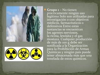  Grupo 1 – No tienen 
 prácticamente ningún uso 
 legítimo Solo son utilizadas para 
 investigación o con objetivos 
 médicos, farmacéuticos o 
 defensivos Entre estas 
 sustancias se encuentran 
 los agentes nerviosos, 
 la ricina, lewisita y el gas 
 mostaza. Cualquier producción 
 de más de 100 g debe ser 
 notificada a la Organización 
 para la Prohibición de Armas 
 Químicas y ningún país puede 
 tener almacenada más que una 
 tonelada de estos químicos.
 