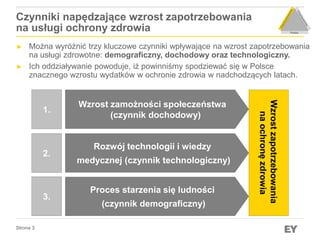 Czynniki napędzające wzrost zapotrzebowania 
na usługi ochrony zdrowia 
► Można wyróżnić trzy kluczowe czynniki wpływające...