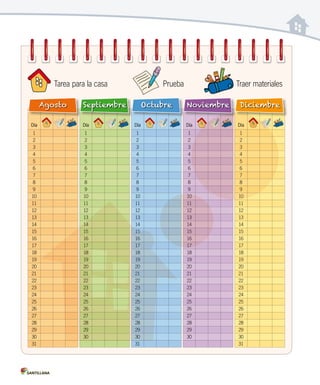 Día
1
2
3
4
5
6
7
8
9
10
11
12
13
14
15
16
17
18
19
20
21
22
23
24
25
26
27
28
29
30
31
Agosto
Día
1
2
3
4
5
6
7
8
9
10
11
12
13
14
15
16
17
18
19
20
21
22
23
24
25
26
27
28
29
30
Septiembre
Día
1
2
3
4
5
6
7
8
9
10
11
12
13
14
15
16
17
18
19
20
21
22
23
24
25
26
27
28
29
30
31
Octubre
Día
1
2
3
4
5
6
7
8
9
10
11
12
13
14
15
16
17
18
19
20
21
22
23
24
25
26
27
28
29
30
Noviembre
Día
1
2
3
4
5
6
7
8
9
10
11
12
13
14
15
16
17
18
19
20
21
22
23
24
25
26
27
28
29
30
31
Diciembre
Prueba Traer materialesTarea para la casa
 