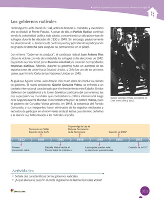 311
Explicar el proceso de democratización chileno en el siglo XX
Los gobiernos radicales
Pedro Aguirre Cerda murió en 1941, antes de finalizar su mandato, y ese mismo
año se disolvió el Frente Popular. A pesar de ello, el Partido Radical continuó
siendo la colectividad política más votada, concentrando un alto porcentaje de
sufragios durante las décadas de 1930 y 1940. Sin embargo, paulatinamente
fue abandonando su tendencia de centroizquierda y permitiendo la participación
de grupos de derecha para asegurar su permanencia en el poder.
Con el lema “Gobernar es producir”, el candidato radical Juan Antonio Ríos
obtuvo la victoria con más de la mitad de los sufragios en las elecciones de 1942.
Su período se caracterizó por el fomento industrial y la creación de importantes
empresas públicas. Además, durante su gobierno hubo un aumento de las
exportaciones de cobre hacia Estados Unidos, y Chile fue uno de los primeros
países que firmó la Carta de las Naciones Unidas en 1945.
Al igual que Aguirre Cerda, Juan Antonio Ríos murió antes de concluir su período
de gobierno. El nuevo presidente, Gabriel González Videla, se enfrentó a un
contexto internacional caracterizado por el enfrentamiento entre Estados Unidos
(defensor del capitalismo) y la Unión Soviética (partidaria del comunismo), las
dos superpotencias mundiales que controlaban la política internacional luego
de la Segunda Guerra Mundial. Este contexto influyó en la política chilena, pues
el gobierno de González Videla prohibió, en 1948, la existencia del Partido
Comunista, y sus integrantes fueron eliminados de los registros electorales y
excluidos de participar en el movimiento sindical. Así se puso término definitivo
a la alianza que había llevado a los radicales al poder.
Gabriel González Videla, presidente de
Chile entre 1946 y 1952.
•	Señala dos características de los gobiernos radicales.
•	¿A qué alianza se puso fin durante el gobierno de Gabriel González Videla?
Actividades
Terremoto en Chillán
Creación de la Corfo
Gabriela Mistral recibe el
Premio Nobel de Literatura
Se promulga la Ley de
Defensa Permanente
de la Democracia
Las mujeres pueden votar
en elecciones presidenciales
Creación de la CUT
Creación de ENAP
1922 1939 1945 1948 1949 1950 1953
Primera
transmisión radial
 