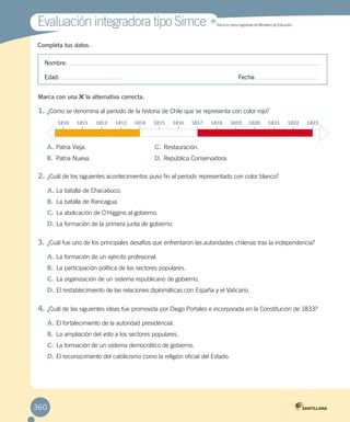 Completa tus datos.
Nombre:
Edad: 	 Fecha:
Marca con una la alternativa correcta.
1.	¿Cómo se denomina al período de la historia de Chile que se representa con color rojo?
2.	¿Cuál de los siguientes acontecimientos puso fin al período representado con color blanco?
A.	La batalla de Chacabuco.
B.	 La batalla de Rancagua.
C.	La abdicación de O´Higgins al gobierno.
D.	La formación de la primera junta de gobierno.
3.	¿Cuál fue uno de los principales desafíos que enfrentaron las autoridades chilenas tras la independencia?
A.	La formación de un ejército profesional.
B.	 La participación política de los sectores populares.
C.	La organización de un sistema republicano de gobierno.
D.	El restablecimiento de las relaciones diplomáticas con España y el Vaticano.
4.	¿Cuál de las siguientes ideas fue promovida por Diego Portales e incorporada en la Constitución de 1833?
A.	El fortalecimiento de la autoridad presidencial.
B.	 La ampliación del voto a los sectores populares.
C.	La formación de un sistema democrático de gobierno.
D.	El reconocimiento del catolicismo como la religión oficial del Estado.
Evaluación integradora tipo SimceEvaluación integradora tipo Simce MR
Simce es marca registrada del Ministerio de Educación.
1810	 1811	 1812	 1813	 1814	 1815	 1816	 1817	 1818	 1819	 1820	 1821	 1822	 1823
A.	Patria Vieja.
B.	 Patria Nueva.
C.	Restauración.
D.	República Conservadora.
360
 