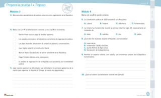 Casa del Saber
PegaaquíPegaaquíPegaaquíPegaaquíPegaaquí
Prepara la prueba 4 • Repaso
Módulos 3 Módulo 4
Marca con una la opción correcta.
6.	 La Constitución política de 1833 estableció una República:	
A.	Liberal.	 B.	Federal.	 C.	Autoritaria.	 D.	Parlamentaria.
7.	 La minería fue fundamental durante la primera mitad del siglo XIX, especialmente en
minerales de:	
A.	plata.	 B.	petróleo.	 C.	oro.	 D.	salitre.
8.	 ¿Qué obra fue realizada durante la República Conservadora?
A.	Leyes laicas.
B.	Universidad Católica de Chile.
C.	Quinta Normal de Agricultura.
D.	Declaración de Independencia.
9.	 Nombra un aspecto cultural, uno social y uno económico propios de la República
Conservadora.
10.	 ¿Qué rol tuvieron los extranjeros durante este período?
Unidad 4
3.	 Menciona tres características del período conocido como organización de la República.
4.	 Marca con un las afirmaciones correctas y con una las incorrectas.
5.	 ¿Qué razones explican las dificultades que enfrentaron los primeros gobiernos de la
nación para organizar la República? Entrega al menos tres argumentos.
Ramón Freire tuvo el cargo de director supremo.
Los pipiolos promovieron el federalismo como forma de organización política.
Las leyes federales favorecieron la unidad de pipiolos y conservadores.
Juan Egaña redactó la Constitución liberal.
Manuel Blanco Encalada fue el primer presidente de la República.
Diego Portales lideraba a los estanqueros.
El período de organización de la República se caracterizó por la estabilidad
política.
Desprende,respondey pega entu cuaderno
 