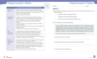 Casa del Saber
Chile a mediados del siglo XIX: consolidación territorial y orden liberal
Las reformas
liberales
- Se impulsan cambios orientados a disminuir el poder del presidente,
secularizar las instituciones políticas y ampliar la participación ciudadana.
- Se aprueban leyes laicas que permitieron pasar al Estado funciones que
estaban a cargo de la Iglesia católica.
- Se organiza un sistema multipartidista.
Consolidación
del territorio
- En 1848, junto con la colonización alemana de Valdivia, se funda la
ciudad de Punta Arenas; en 1853 Puerto Montt y en 1854 Puerto Varas.
- La Guerra del Pacífico fue un conflicto armado que enfrentó a Chile
contra Perú y Bolivia. Chile incorporó las provincias de Tarapacá y
Antofagasta.
- La ocupación del extremo sur de Chile generó conflictos con Argentina.
Chile cedió la Patagonia.
- En 1883 se completó la ocupación de la Araucanía con la refundación de
la ciudad de Villarrica.
- En 1888 se incorporó al territorio nacional la Isla de Pascua.
Auge
económico y
cambio social
- El impuesto aplicado a las salitreras permitió pagar los costos de la
guerra, expandir el sistema educacional y realizar obras públicas.
- En las ciudades, debido al aumento de la población y la mejora en los
medios de transporte, comenzó el proceso de industrialización.
- En lo social se consolidó una clase alta muy adinerada, una clase baja en
las salitreras y una clase media en las ciudades.
Gobiernos
parlamentarios
y cuestión
social
- La tensa relación entre el ejecutivo y el Congreso desencadenó la guerra
civil de 1891, que puso fin a los gobiernos liberales.
- El sistema parlamentario restringió la libertad de acción del presidente.
- La cuestión social afectó a los sectores más desposeídos de la población.
- Nuevas organizaciones obreras y partidos políticos, como el Partido
Democrático en 1887 y el Partido Obrero Socialista en 1912. Además se
aprobaron las primeras leyes sociales.
- La Constitución de 1925 puso fin al parlamentarismo.
Prepara la prueba 5 • Síntesis
Módulo 1
Nombre: Curso:
Prepara la prueba 5 • Repaso
1.	Con respecto a la República Liberal, marca con un las afirmaciones correctas y con una
las incorrectas.
2.	Lee el fragmento y responde las preguntas.
a.	¿A qué ley se refiere el artículo?
b.	¿Qué pasos deben seguir quienes intenten contraer matrimonio?
c.	 ¿A qué se refieren las leyes laicas?
Desprende,respondey pega entu cuaderno
Se amplía el poder del Congreso Nacional.
Se organizan los primeros partidos políticos.
Se incorpora la Isla de Chiloé a la soberanía chilena.
Los que intentaren contraer matrimonio lo manifestarán por escrito o verbalmente al oficial
del Registro Civil del domicilio o residencia de cualquiera de ellos, expresando sus nombres
y apellido paterno y materno; el lugar de su nacimiento; su profesión u oficio; los nombres y
apellidos de los padres, si fueren conocidos; los de las personas cuyo consentimiento fuere
necesario, y el hecho de no tener impedimento o prohibición legal para contraer matrimonio.
Artículo 9, Las Leyes y Decretos del Gobierno, primer semestre de 1884. (Adaptación)
 
