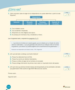 ¿Cómo vas?
1.	¿Qué conclusión sobre el origen de la independencia se puede determinar a partir de este
esquema?
A.	Tuvo múltiples causas.
B.	 Fue accidental e inesperada.
C.	Respondió a la crisis religiosa de la época.
D.	Se produjo por el rechazo al rey, considerado un tirano.
Lee el siguiente texto y responde las preguntas 2 y 3.
2.	¿Por qué este texto constituye una fuente histórica?
A.	Porque fue elaborada fuera de Chile.
B.	 Porque fue escrito por distintos historiadores.
C.	Porque se refiere al origen de los hombres y la sociedad.
D.	Porque entrega información de primera mano sobre un importante hecho del pasado.
3.	¿Por qué crees que este tipo de texto hubiese sido desaprobado por las autoridades coloniales
que gobernaban Chile durante el siglo XVIII? Menciona dos razones.
Primera razón:
Segunda razón:
220
(…) que todos los hombres son creados iguales; que son dotados por su Creador de ciertos
derechos inalienables (...) que para garantizar estos derechos se instituyen entre los hombres
los gobiernos, que derivan sus poderes legítimos del consentimiento de los gobernados (…)
Declaración de Independencia de Estados Unidos, 1776. (Fragmento)
punto
1
puntos
2
punto
1
Ilustración Monopolio
comercial
Rivalidades
hispanos-criollos
Expulsión de
los jesuitas
Independencia
 