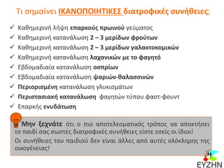 Τι σημαίνει ΙΚΑΝΟΠΟΙΗΤΙΚΕΣ διατροφικές συνήθειες;
 Καθημερινή λήψη επαρκούς πρωινού γεύματος
 Καθημερινή κατανάλωση 2 – 3 μερίδων φρούτων
 Καθημερινή κατανάλωση 2 – 3 μερίδων γαλακτοκομικών
 Καθημερινή κατανάλωση λαχανικών με το φαγητό
 Εβδομαδιαία κατανάλωση οσπρίων
 Εβδομαδιαία κατανάλωση ψαριών-θαλασσινών
 Περιορισμένη κατανάλωση γλυκισμάτων
 Περιστασιακή κατανάλωση φαγητών τύπου φαστ-φουντ
 Επαρκής ενυδάτωση
Μην ξεχνάτε ότι ο πιο αποτελεσματικός τρόπος να αποκτήσει
το παιδί σας σωστές διατροφικές συνήθειες είστε εσείς οι ίδιοι!
Οι συνήθειες του παιδιού δεν είναι άλλες από αυτές ολόκληρης της
οικογένειας!
 