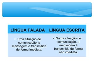LÍNGUA FALADA LÍNGUA ESCRITA
• Uma situação de
comunicação, a
mensagem é transmitida
de forma imediata.
• Numa situação de
comunicação, a
mensagem é
transmitida de forma
não imediata.
 