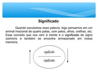 Significado
Quando escutamos essa palavra, logo pensamos em um
animal irracional de quatro patas, com pelos, olhos, orelhas, etc.
Esse conceito que nos vem à mente é o significadosignificado do signo
cachorro e também se encontra armazenado em nossa
memória.
 