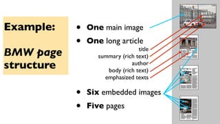 Example:
BMW page
structure
• One main image
• One long article
• Six embedded images
• Five pages
title
summary (rich text)
author
body (rich text)
emphasized texts
 