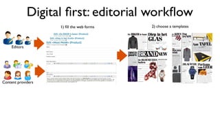Editors
Content providers
Digital ﬁrst: editorial workﬂow
1) ﬁll the web forms 2) choose a templates
 
