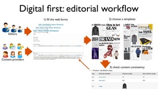 Editors
Content providers
Digital ﬁrst: editorial workﬂow
1) ﬁll the web forms 2) choose a templates
3) check content consistency
 
