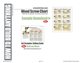 www.ezwoodshop.com
HOW TO BUILD ANYTHING                     Wood Screw Chart
                                                              ezwoodshop.com

                                           Match Bit, Countersink, and Screw to Board Size



                                          Sample Download
                                                                                       Go




                                          Get Complete Drilling Guide
                                           Go Find out More
                                             http://www.ezwoodshop.com




www.ezwoodshop.com                                                       page 1 of 2         ©Grassland Publishing. All rights reserved.
 