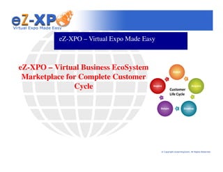 eZ-XPO – Virtual Expo Made Easy



eZ-XPO – Virtual Business EcoSystem
 Marketplace for Complete Customer
               Cycle




                                            © Copyright eLearningZoom, All Rights Reserved.
 